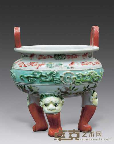 清代雍正 五彩三足炉 高14cm